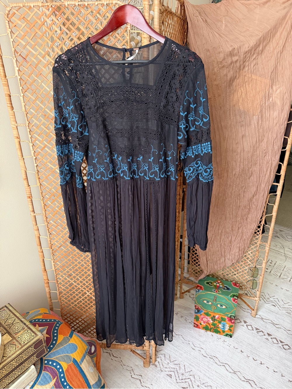 Free People Long Black Tunic Sweet Sunny Days Embroidered Top - Picture 3 of 16